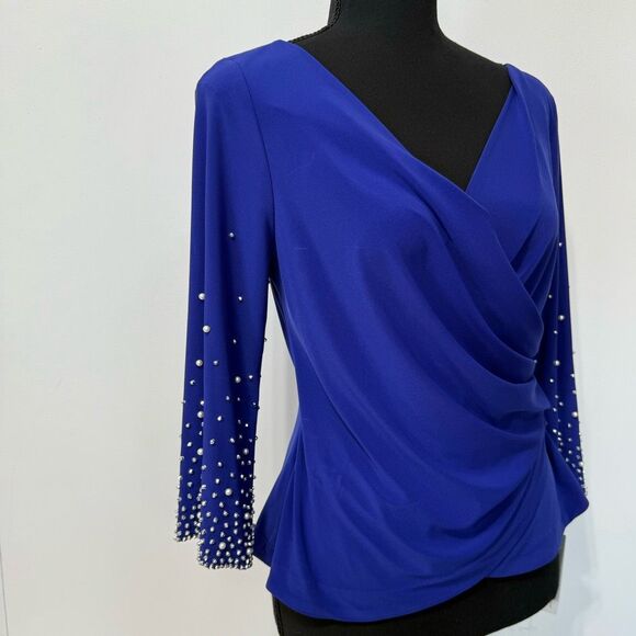 New Alex Evenings Petite Pearl Embellished Top Size SP Blue Women’s - Picture 5 of 13